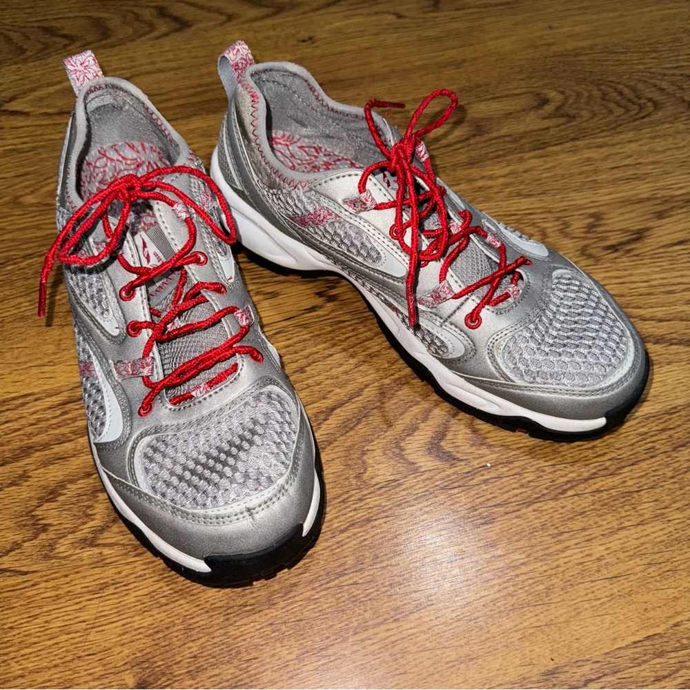 LL Bean Trail Hiking Sneakers Shoes Gray Silver Red Sz 9